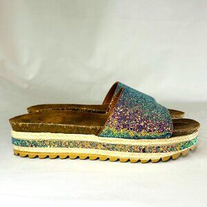 Rainbow Glitter Platform Slide Sandals NWOT Size 7